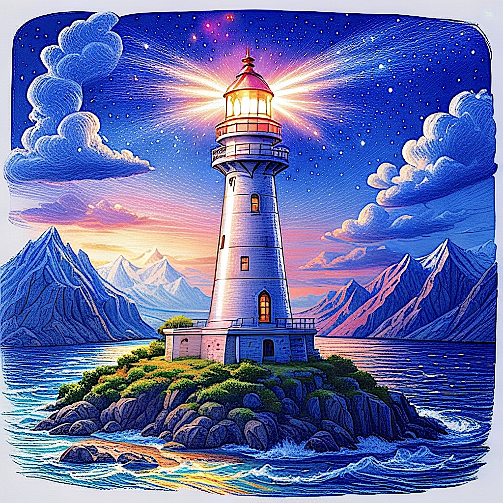 Fyrlykt med himmel og fjell.