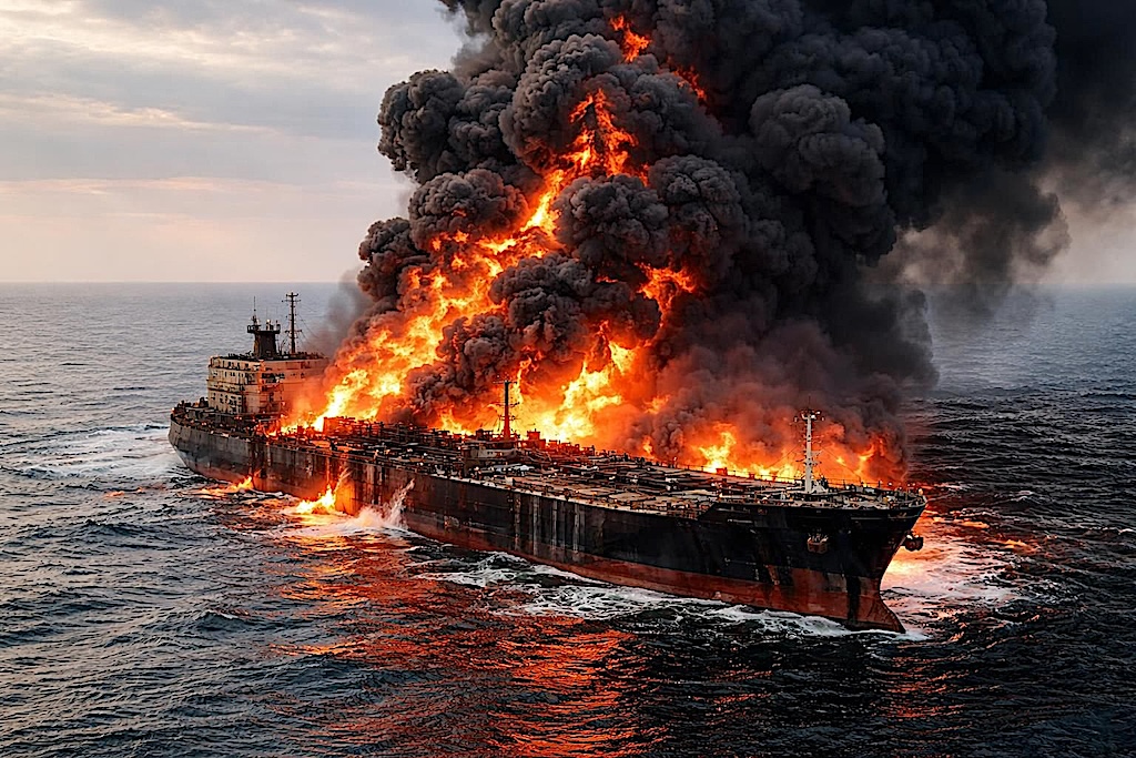 Brennende tankskip i den persiske gulf.  (DuckAI-bilde).